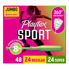 Playtex Sport unscented tampon box with green applicator, regular and super, 48 count.