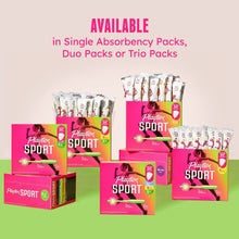Playtex Sport unscented tampon packs displayed as single, duo, and trio options.