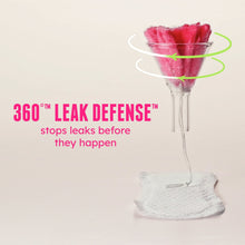 Unscented tampon with clear applicator and pink absorbent tip, with leak-defense concept.