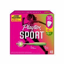Playtex Sport unscented tampon box, jumbo mega comfort, 48 count with green applicator.