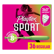 Playtex Sport tampon box, 36 Regular unscented, with green applicator graphic