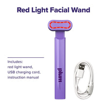 Red light facial wand with included USB charging cord, product layout
