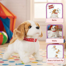 Plush puppy toy with tan ears, white fur, and a red collar band