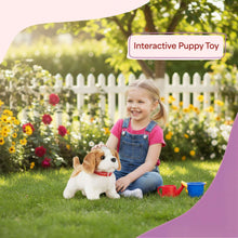 Interactive plush puppy toy with tan-and-white fur and a red collar band