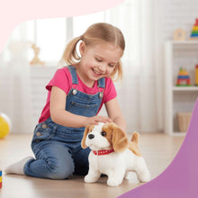 Plush puppy toy with tan-and-white fur as a child kneels beside it