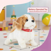 Battery-powered plush puppy toy with tan ears, white body, and red collar band