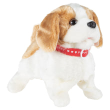 Plush puppy toy with tan ears, white body, and red fabric collar band