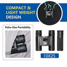 Compact black binocular set with 10x25 labeling and textured eyepieces.