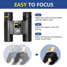 Black binoculars showing center focusing wheel and diopter ring adjustments.