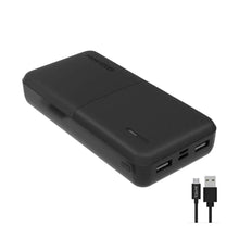 Black slim power bank with dual USB-A ports and side LED indicator