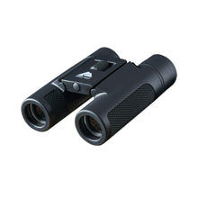 Black pocket binoculars with textured grip and central focus wheel, two lenses.