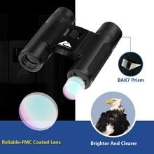 Black pocket binoculars with BAK7 prism spec callout and coated lens highlight.