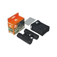 Black binoculars with carrying pouch and retail box packaging.