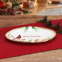 Holiday serving platter with red cardinal, pine sprigs, and “Merry Christmas”