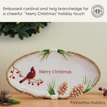 Holiday serving platter with red cardinal, pine sprigs, and “Merry Christmas”