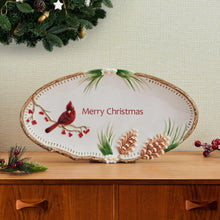 Holiday serving platter with red cardinal, pine sprigs, and “Merry Christmas”