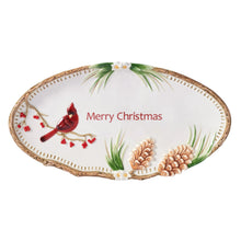 Holiday serving platter with red cardinal, pine cones, and “Merry Christmas”