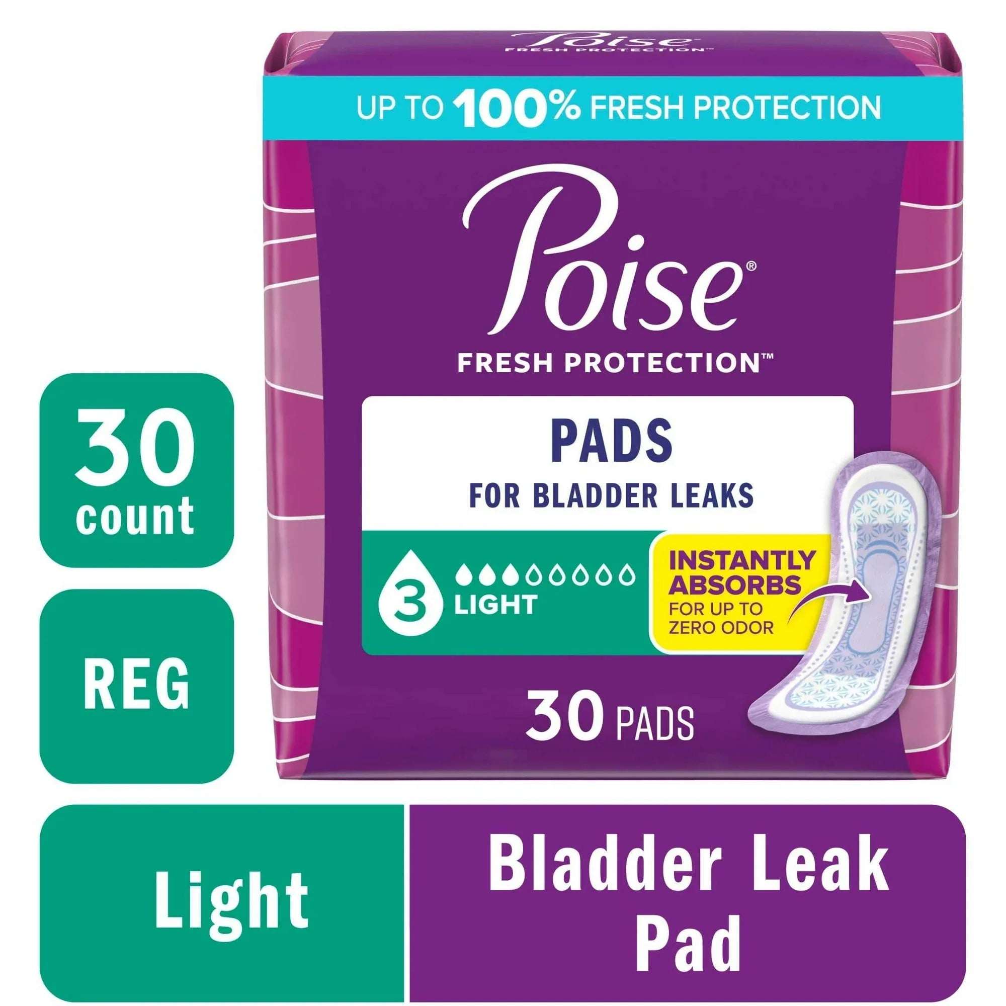 Poise Incontinence Pads for Women, 3 Drop Light Absorbency, Regular Length, 54 Count
