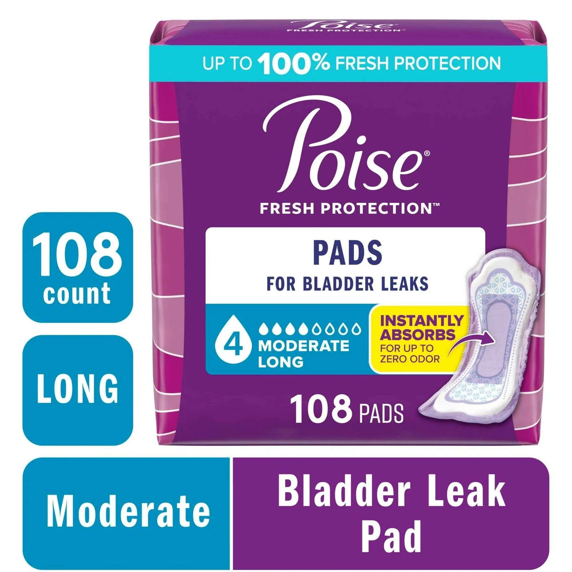 Poise Incontinence Pads for Women, 4 Drop Moderate Absorbency, Long Length, 78 Count