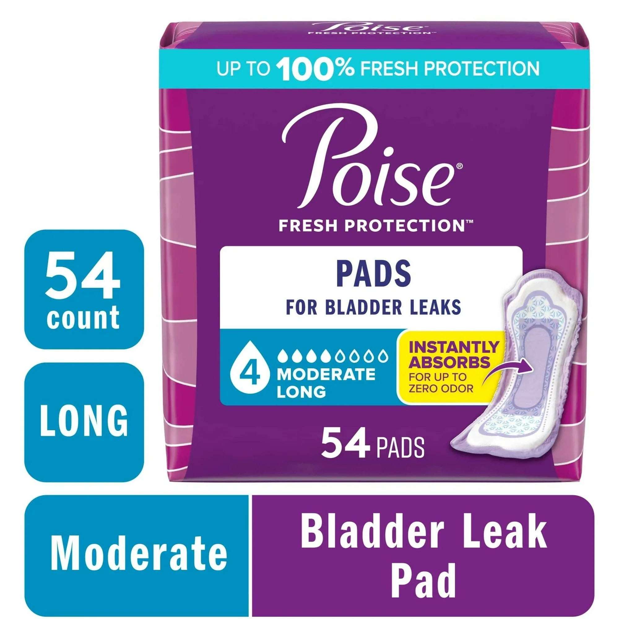 Poise Incontinence Pads for Women, 4 Drop Moderate Absorbency, Long Length, 78 Count