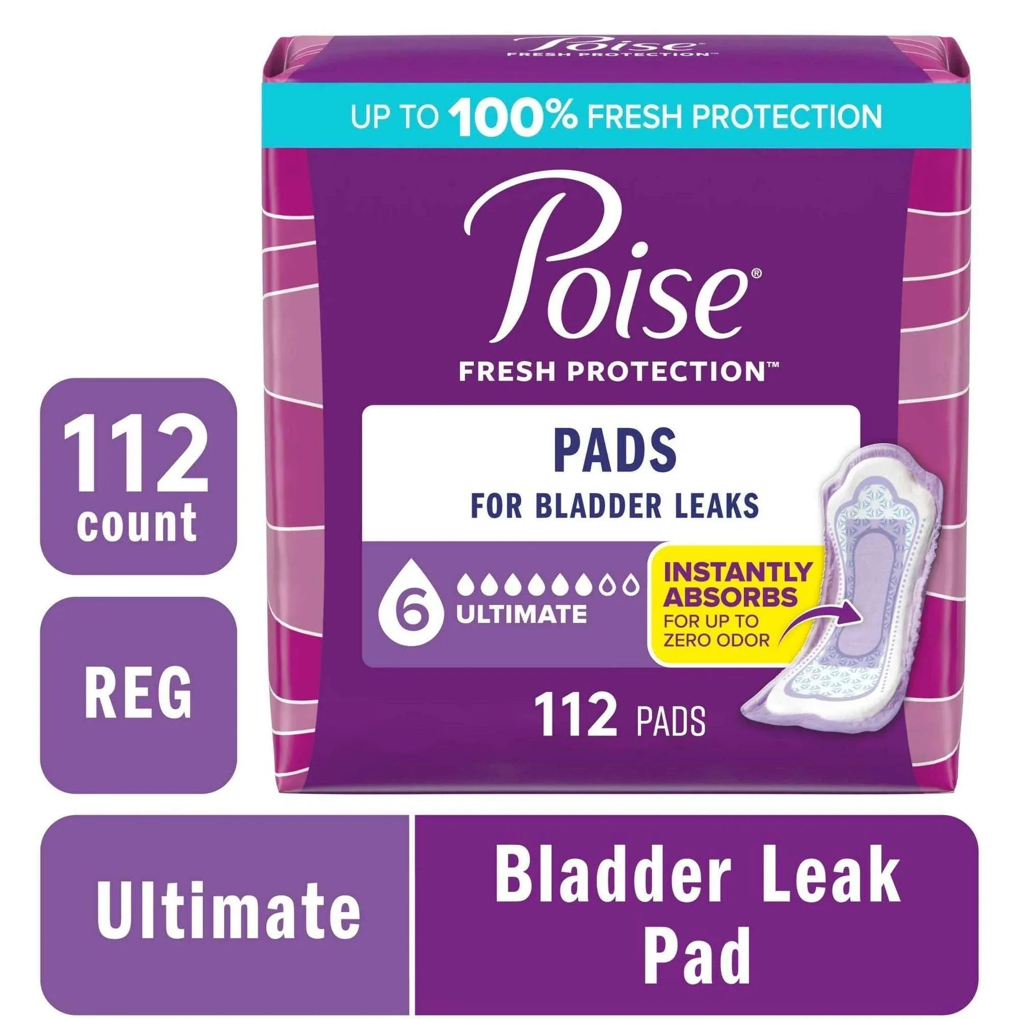 Poise Incontinence Pads for Women, 6 Drop Ultimate Absorbency, Regular Length, 33 Count