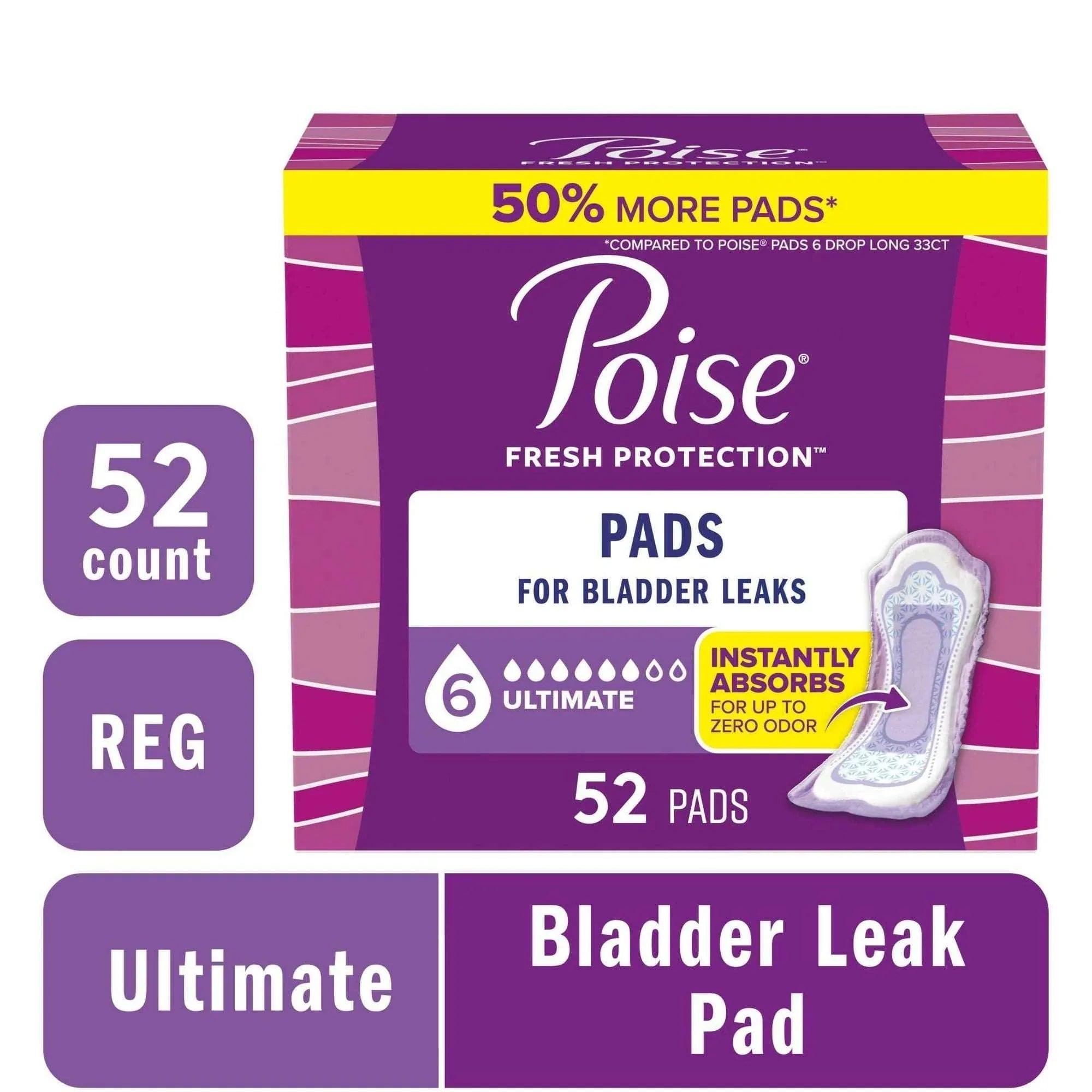 Poise Incontinence Pads for Women, 6 Drop Ultimate Absorbency, Regular Length, 33 Count