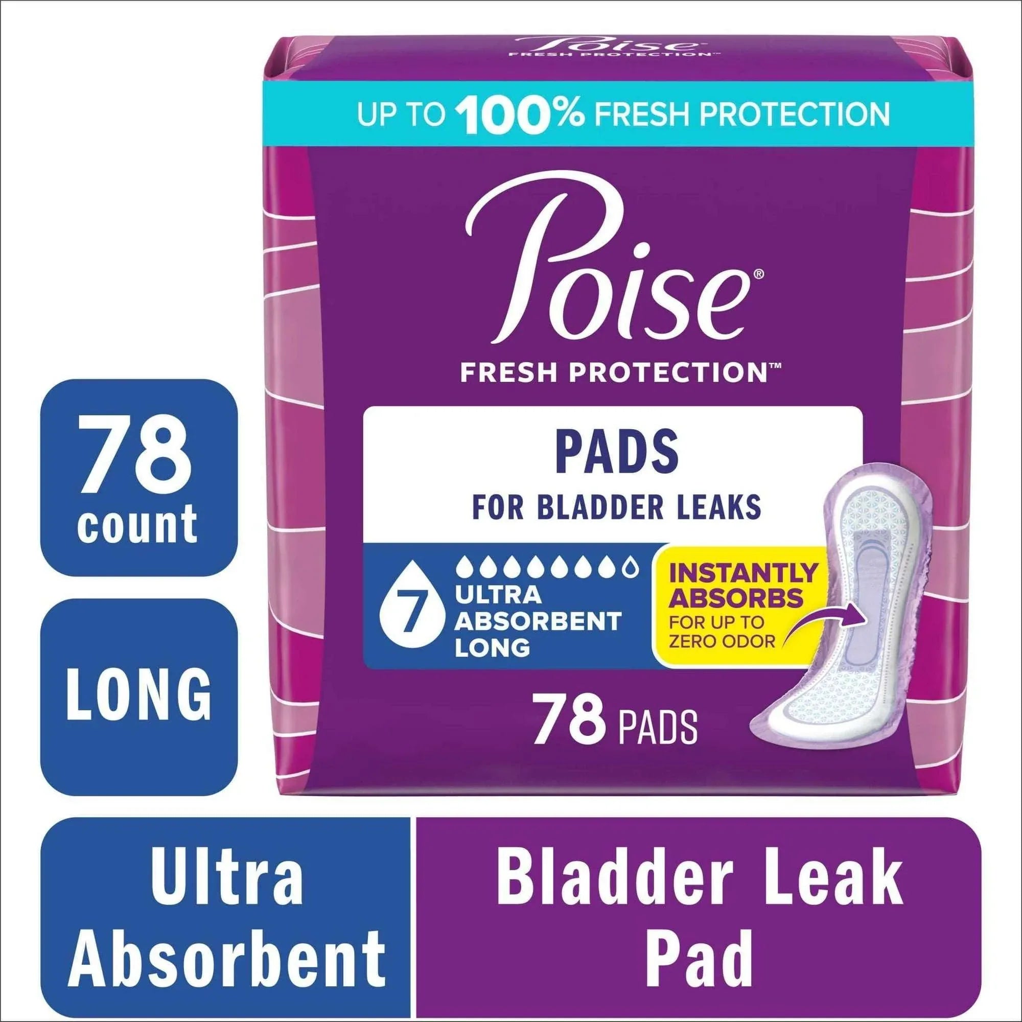 Poise Incontinence & Postpartum Pads for Bladder Leaks, 7 Drop Ultra Absorbency, Long Length, 39 Count