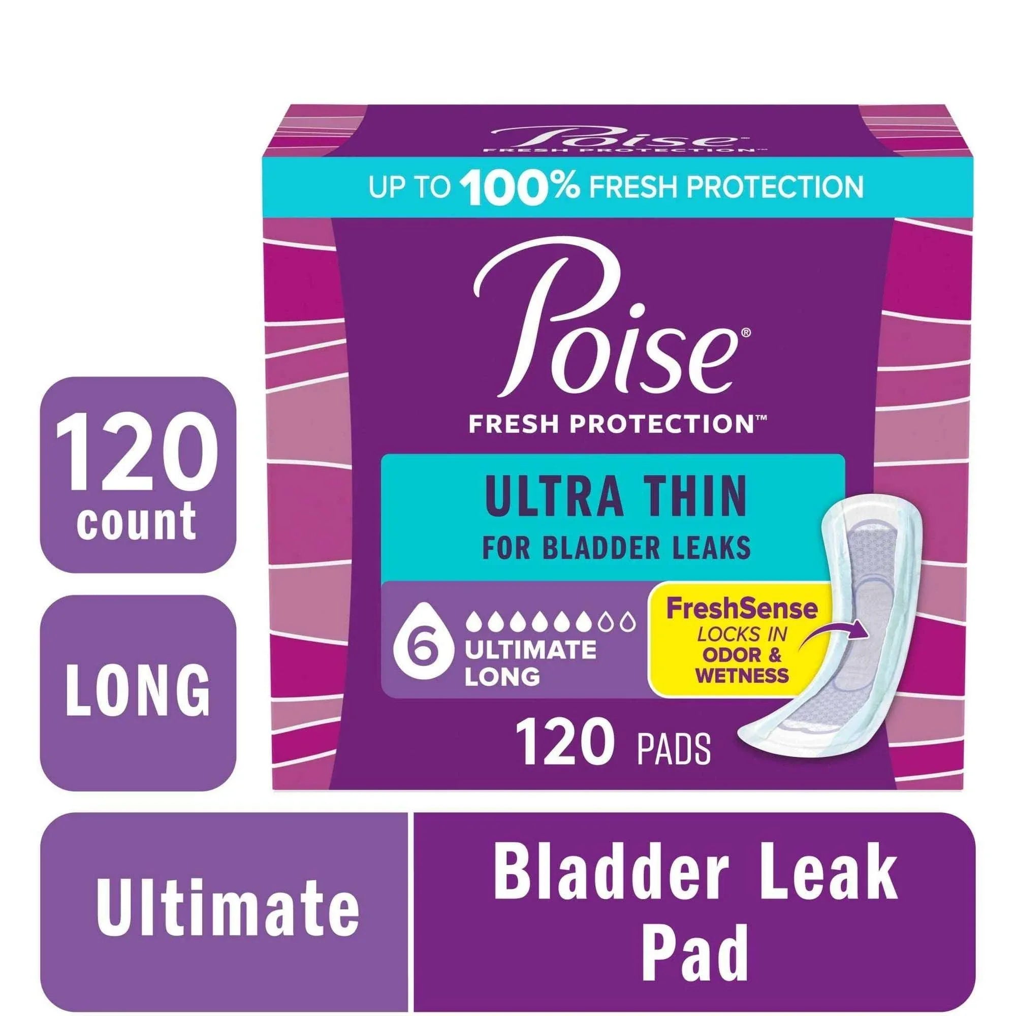 Poise Ultra Thin Incontinence Pads, 6 Drop Ultimate Absorbency, Long Length, 26 Count