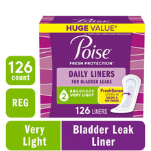 Purple Poise daily liner box, 126 liners, regular length, very light absorbency