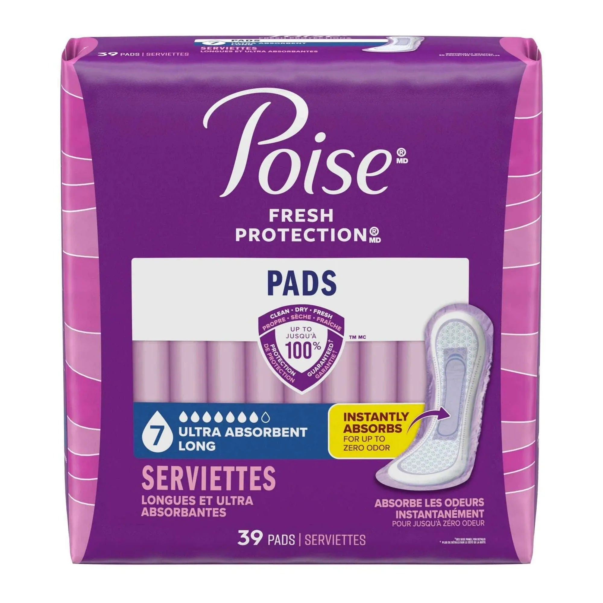 Poise Incontinence & Postpartum Pads for Bladder Leaks, 7 Drop Ultra Absorbency, Long Length, 39 Count
