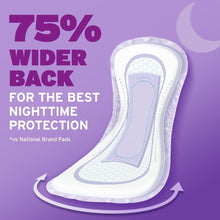 Single overnight incontinence pad with wide back coverage and curved shape
