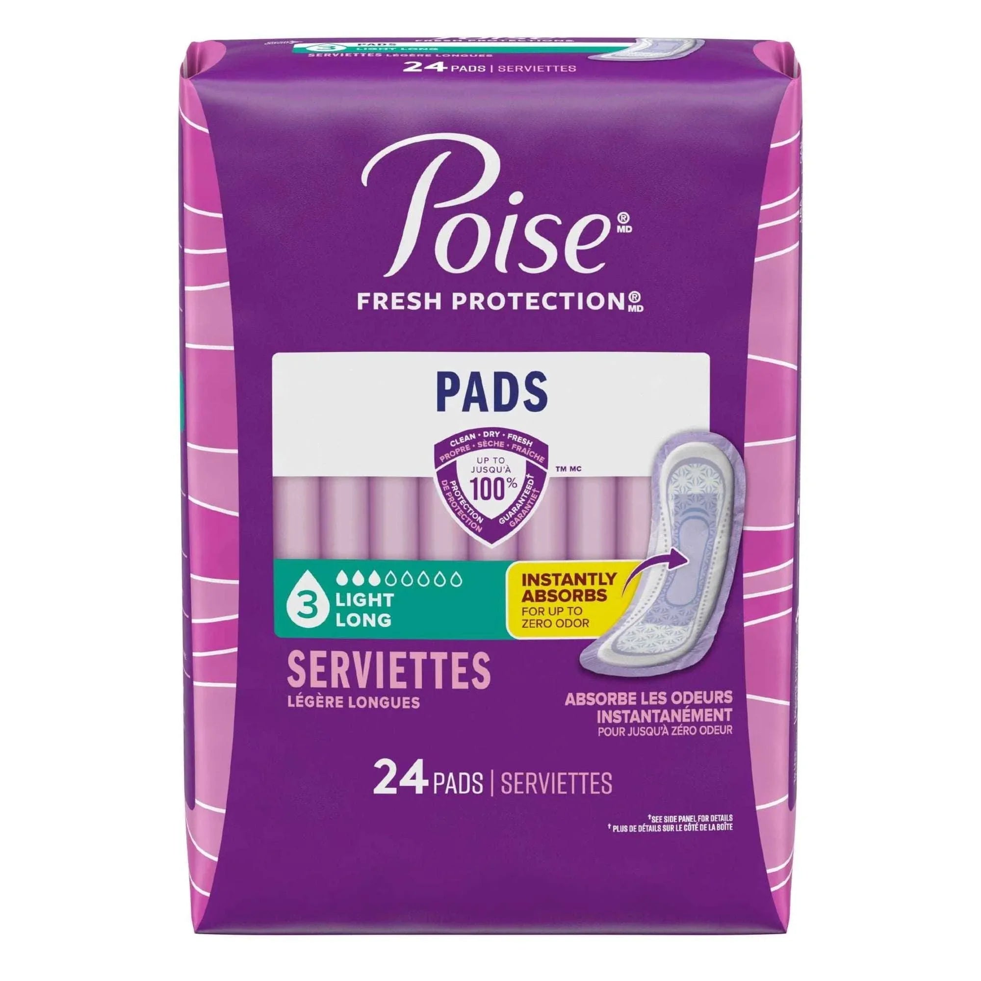 Poise Incontinence Pads for Women, 3 Drop Light Absorbency, Long Length, 24 Count