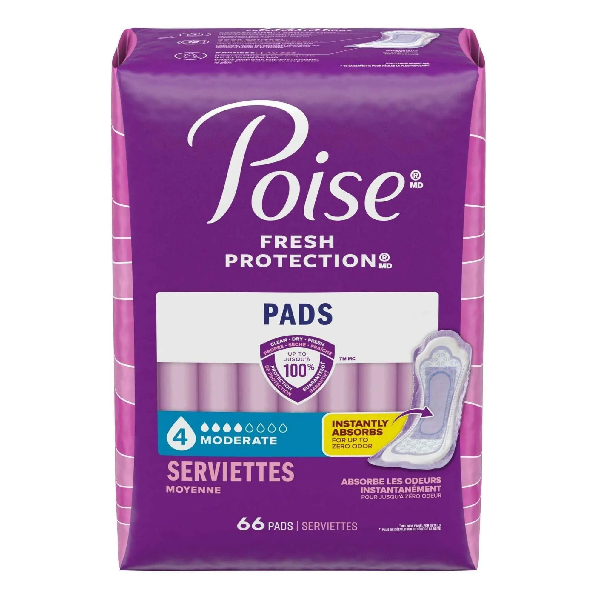 Poise Incontinence Pads for Women, 4 Drop Moderate Absorbency, Regular Length, 66 Count