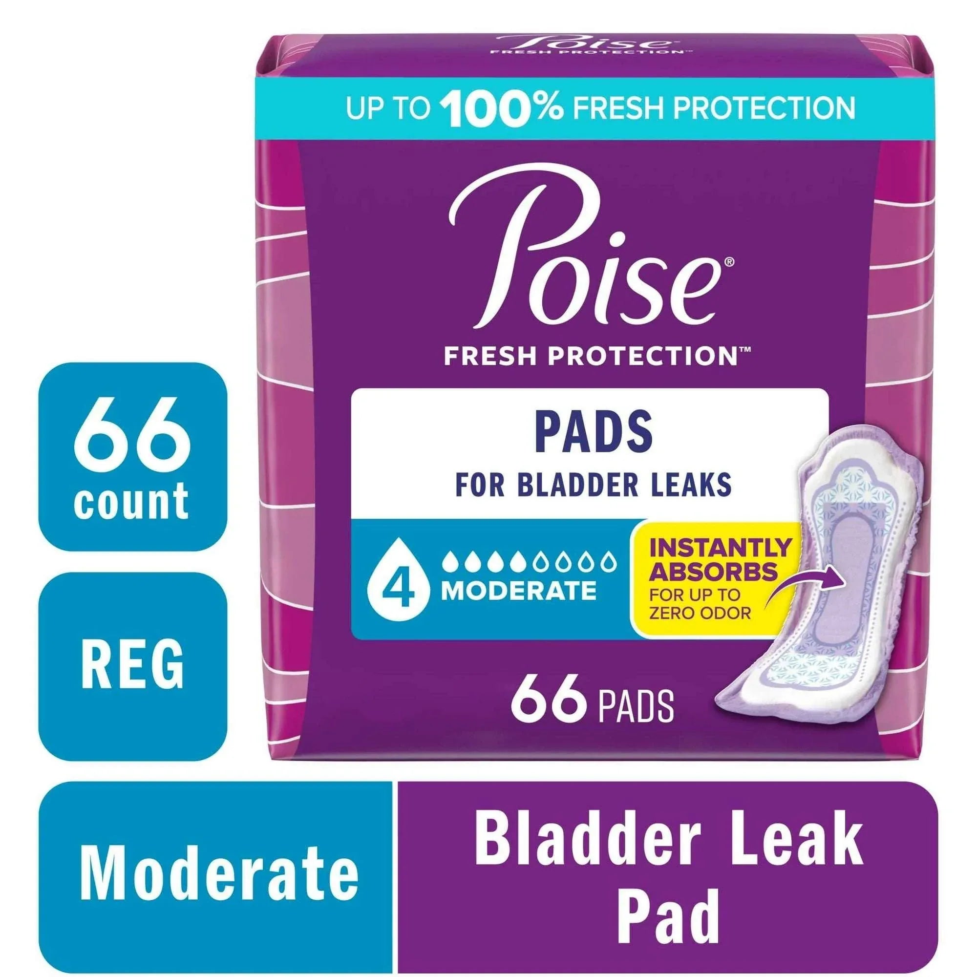 Poise Incontinence Pads for Women, 4 Drop Moderate Absorbency, Regular Length, 66 Count