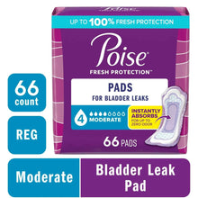 Poise bladder leak pad pack, purple and pink with 66 count label and pad icon