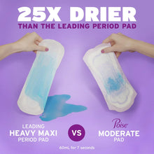Poise moderate absorbency pads, two white pads with visible absorbent wetness test on top
