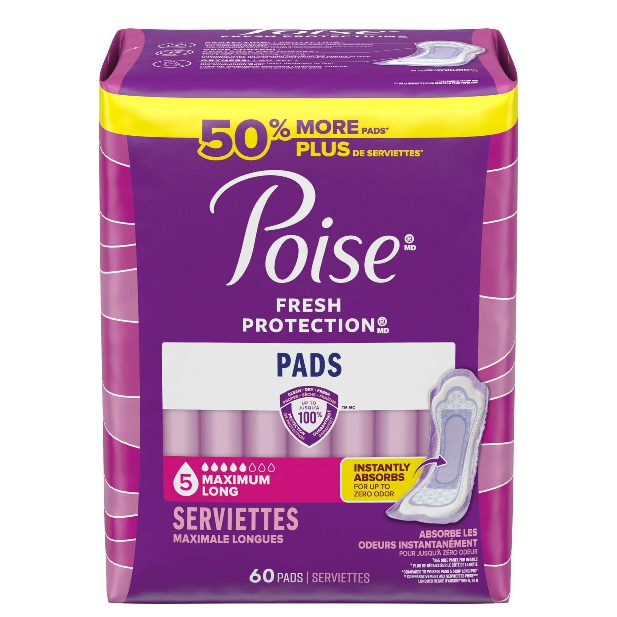 Poise Incontinence Pads for Women, 5 Drop Maximum Absorbency, Long Length, 60 Count