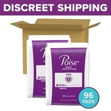 Poise pad packs in shipping box with 96 pads label