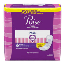 Incontinence pad pack with Poise Fresh Protection branding, 45-count, long pads.