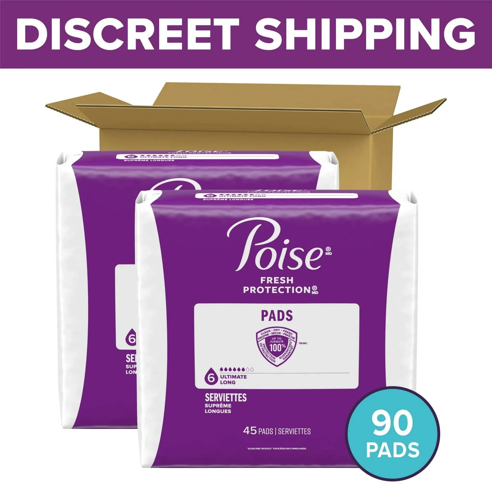 Poise Incontinence Pads for Women, 6 Drop Ultimate Absorbency, Long Length, 42 Count