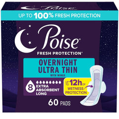 Poise Overnight Ultra Thin Incontinence Pads with Wings, 8 Drop Extra Absorbent, 60 Count