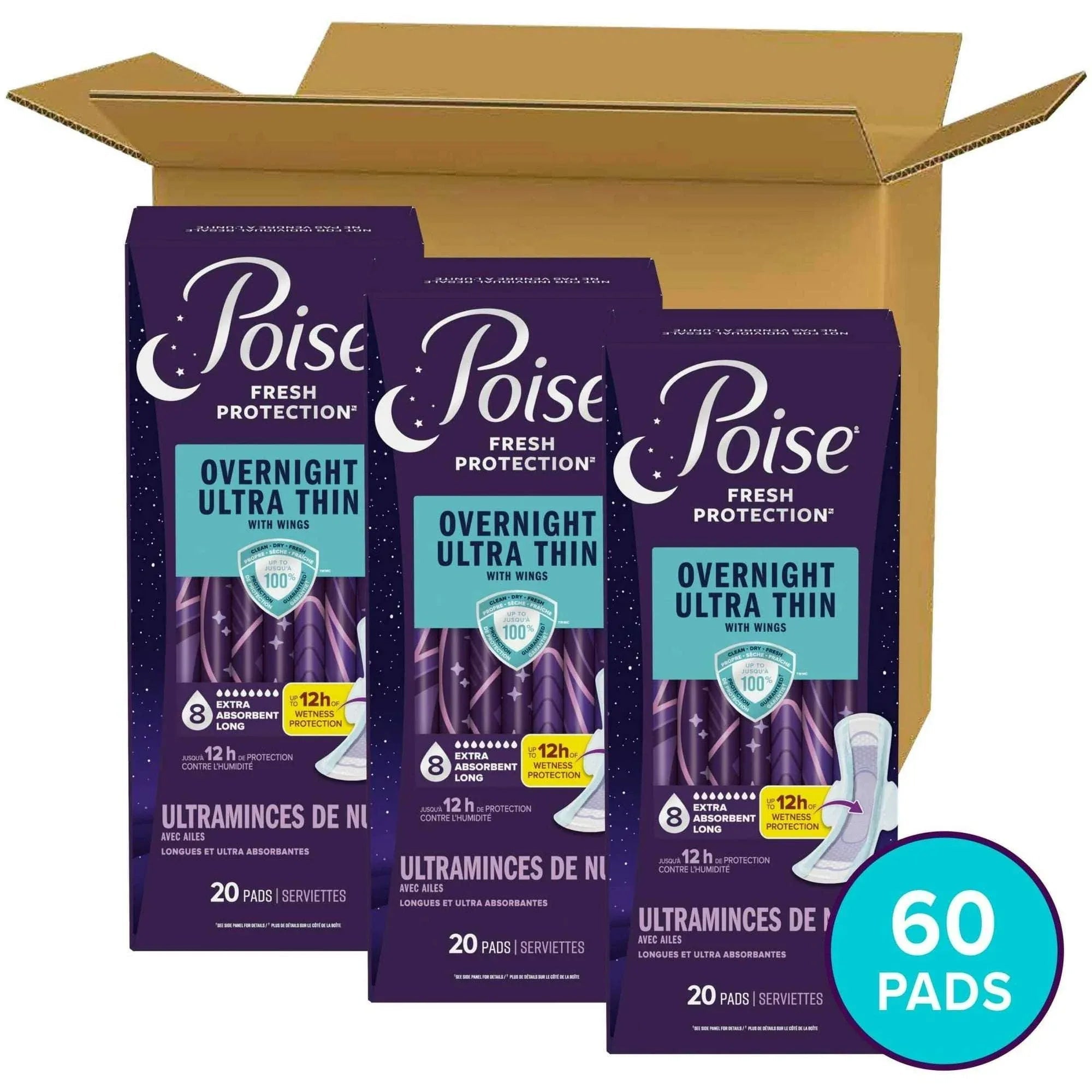 Poise Overnight Ultra Thin Incontinence Pads with Wings, 8 Drop Extra Absorbent, 60 Count