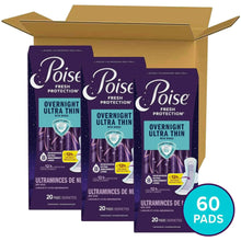 Open Poise overnight ultra-thin incontinence pad cartons with wings, showing 60 pads