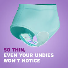Ultra thin incontinence pad with wings, thin coverage for underwear fit.