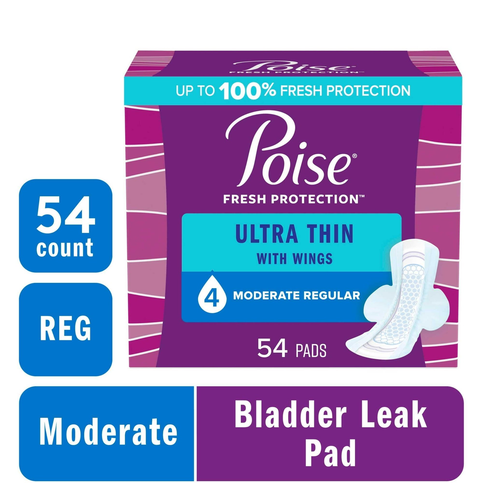 Poise Ultra Thin Incontinence Pads with Wings, 4 Drop Moderate Absorbency, 54 Count