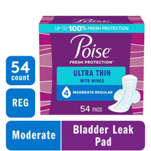 Poise Ultra Thin pad box with wings, 54 pads, moderate regular bladder leak pad