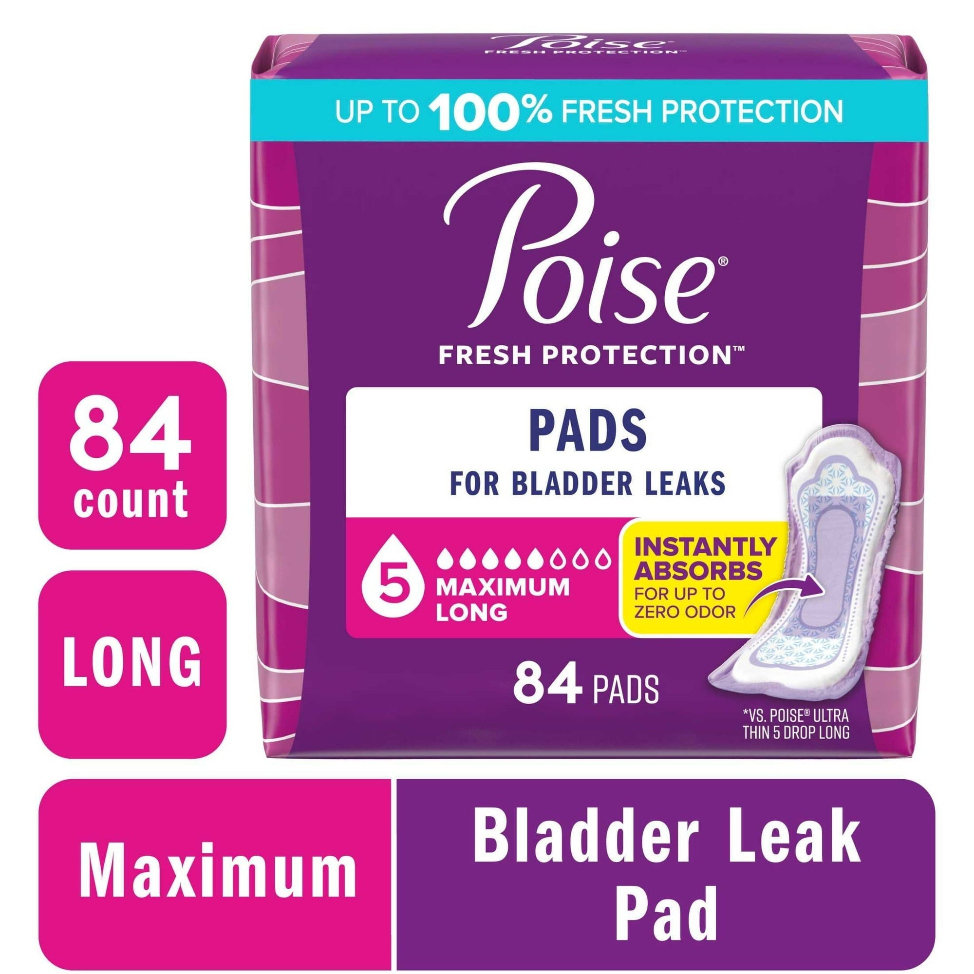 Poise Incontinence Pads for Women, 5 Drop Maximum Absorbency, Long Length, 39 Count