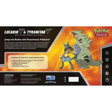 Trading card premium box back with Lucario and Tyranitar character art