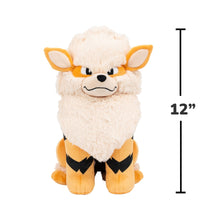 Pokemon Arcanine plush standing, cream with orange paws and black zigzag jacket; 12-inch