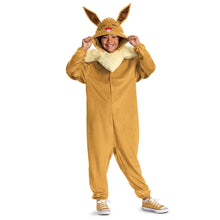 Eevee-style tan child jumpsuit costume with ear hood and white fur collar, full body